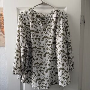 Split Neck Smocked Shoulder Women's Blouse - White and Green